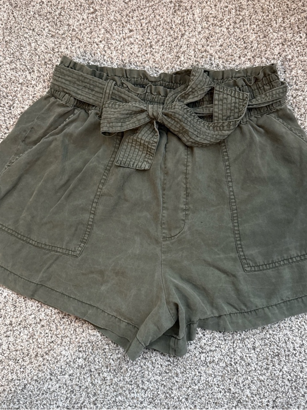 Abercrombie & Fitch Olive High-Waist Paperbag Shorts with Tie